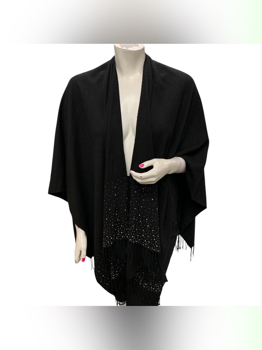 Adrienne Vittadini Black Rhinestone Fringe Open-Front Poncho Size O/S